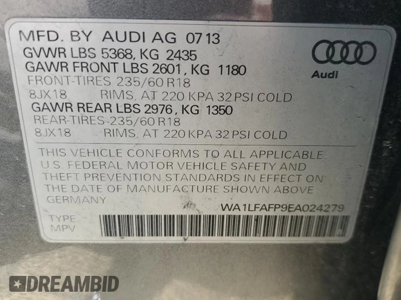 2014 Audi Q5 Premium Plus with VIN WA1LFAFP9EA024279, listed as a Copart auction lot 50871584 with 136,483 mi miles and Salvage Title. Bid and sale history available at carsss.com. Image 14.