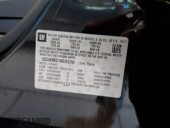 2017 Chevrolet Silverado 1500 LT with VIN 3GCUKREC1HG363756, listed as a Copart auction lot 54429565 with 182,515 mi miles and Salvage Title. Bid and sale history available at DreamBid. Image 12.