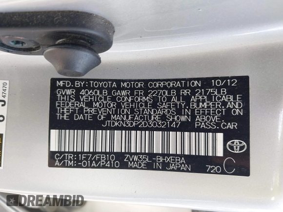 2013 Toyota Prius with VIN JTDKN3DP2D3032147, listed as a IAAI auction lot 41915296 with 207,920 mi miles and . Bid and sale history available at DreamBid. Image 9.