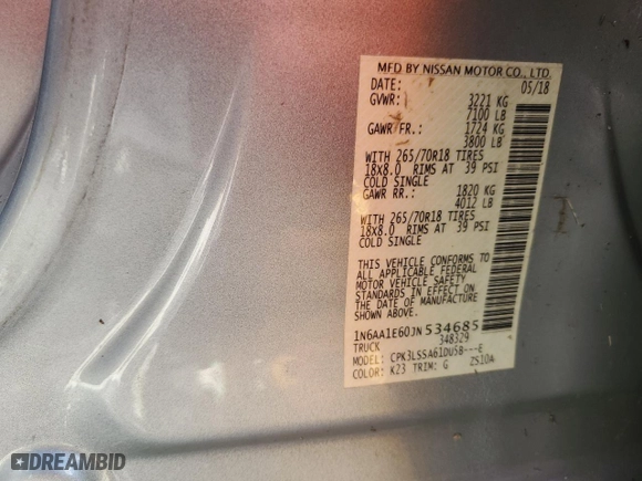 2018 Nissan Titan SV with VIN 1N6AA1E60JN534685, listed as a Copart auction lot 44864485 with 58,023 mi miles and Non Repairable. Bid and sale history available at carsss.com. Image 12.