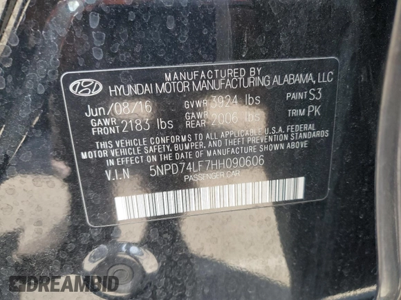 2017 Hyundai Elantra SE with VIN 5NPD74LF7HH090606, listed as a Copart auction lot 51250465 with 115,274 mi miles and Salvage Title. Bid and sale history available at DreamBid. Image 13.