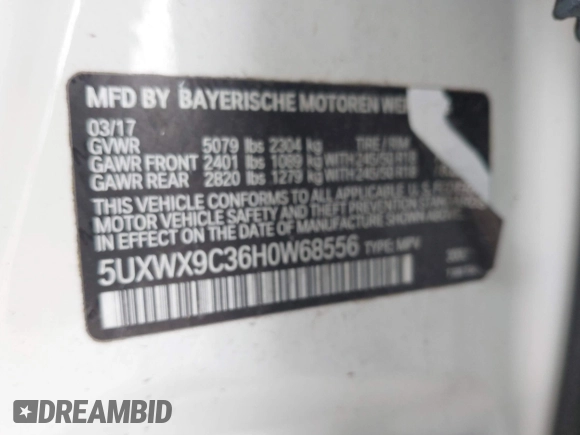 2017 BMW X3 xDrive28i with VIN 5UXWX9C36H0W68556, listed as a IAAI auction lot 41217277 with 120,572 mi miles and . Bid and sale history available at DreamBid. Image 9.