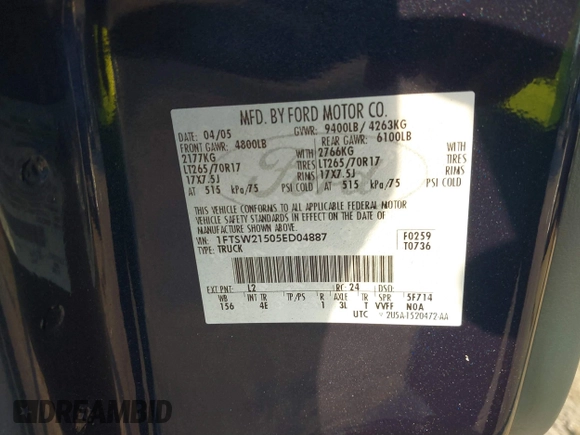 2005 Ford F-250 XL z VIN 1FTSW21505ED04887, wystawiony jako IAAI lot #41487895 z przebiegiem 175 414 mil mil oraz . Historia ofert i sprzedaży dostępna na DreamBid. Obrazek 9.