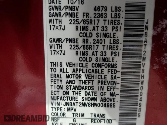 2017 Nissan Rogue SL with VIN JN8AT2MV8HW004985, listed as a Copart auction lot 45504535 with 103,013 mi miles and Salvage Title. Bid and sale history available at carsss.com. Image 13.
