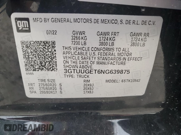 2022 GMC Sierra 1500 with VIN 3GTUUGET6NG639875, listed as a Copart auction lot 48213175 with 75,535 mi miles and Salvage Title. Bid and sale history available at DreamBid. Image 13.