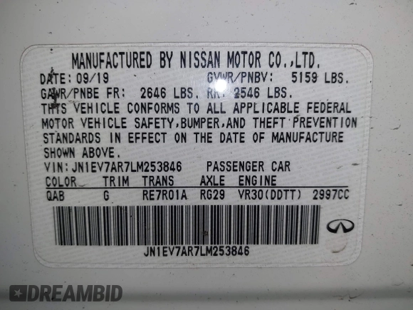 2020 Infiniti Q50 3.0t SPORT with VIN JN1EV7AR7LM253846, listed as a IAAI auction lot 41305150 with 45,560 mi miles. Bid and sale history available at carsss.com. Image 9.