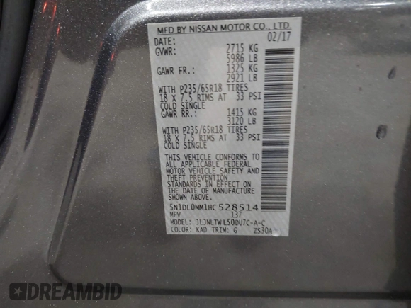 2017 Infiniti QX60 with VIN 5N1DL0MM1HC528514, listed as a IAAI auction lot 41986931 with 90,033 mi miles and . Bid and sale history available at DreamBid. Image 9.