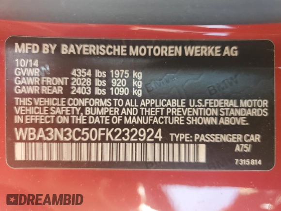 2015 BMW 4 Series 428i with VIN WBA3N3C50FK232924, listed as a Copart auction lot 60427945 with 143,599 mi miles and Salvage title. Bid and sale history available at DreamBid. Image 12.