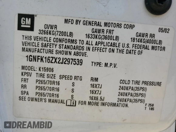 2002 Chevrolet Suburban LT with VIN 1GNFK16ZX2J297539, listed as a Copart auction lot 62850715 with 255,146 mi miles and Clean title. Bid and sale history available at DreamBid. Image 14.
