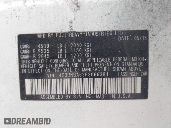 2015 Subaru Legacy 2.5i with VIN 4S3BNBA63F3066381, listed as a IAAI auction lot 42497410 with 146,602 mi miles and . Bid and sale history available at DreamBid. Image 9.