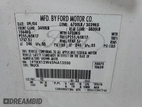 2005 Ford F-150 STX with VIN 1FTRX12W45NA13550, listed as a Copart auction lot 53623105 with 283,351 mi miles and Salvage title. Bid and sale history available at DreamBid. Image 12.