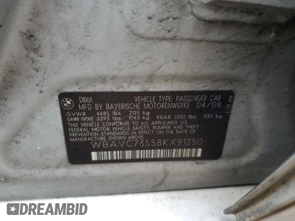 2008 BMW 3 Series 328xi with VIN WBAVC73558KX91250, listed as a Copart auction lot 46519575 with 178,305 mi miles and Salvage Title. Bid and sale history available at carsss.com. Image 12.