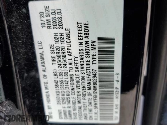 2021 Honda Pilot Special Edition with VIN 5FNYF6H24MB029437, listed as a Copart auction lot 48829155 with 60,875 mi miles and Salvage Title. Bid and sale history available at DreamBid. Image 15.