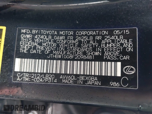 2015 Lexus ES 300h with VIN JTHBW1GG8F2098481, listed as a IAAI auction lot 41488504 with 212,171 mi miles and . Bid and sale history available at DreamBid. Image 9.