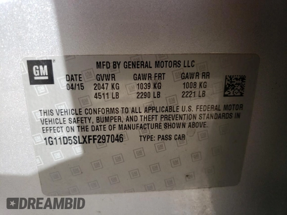 2015 Chevrolet Malibu LT with VIN 1G11D5SLXFF297046, listed as a Copart auction lot 48407745 with 173,153 mi miles and Salvage Title. Bid and sale history available at DreamBid. Image 12.