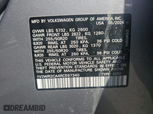 2024 Volkswagen Atlas SE with VIN 1V2WR2CA4RC567340, listed as a Copart auction lot 54665765 with 24,743 mi miles and Salvage title. Bid and sale history available at DreamBid. Image 14.