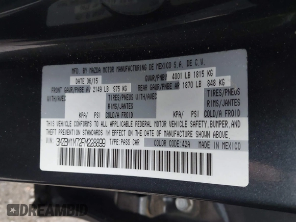 2015 Mazda 3 i Grand Touring with VIN 3MZBM1M72FM228899, listed as a IAAI auction lot 42612074 with 149,226 mi miles and . Bid and sale history available at DreamBid. Image 9.