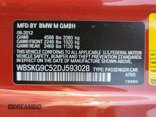 2013 BMW M3 with VIN WBSKG9C52DJ593028, listed as a Copart auction lot 84002484 with 0 mi miles and Salvage Title. Bid and sale history available at carsss.com. Image 12.