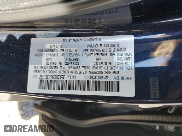 2016 Mazda CX-9 Touring with VIN JM3TCBCY2G0103293, listed as a Copart auction lot 54706795 with 201,651 mi miles and Salvage title. Bid and sale history available at DreamBid. Image 13.