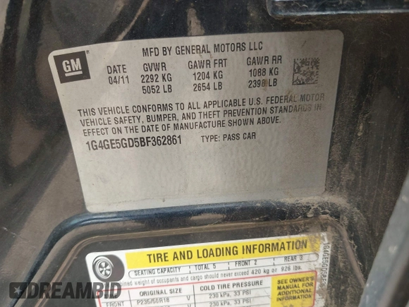 2011 Buick LaCrosse CXS with VIN 1G4GE5GD5BF362861, listed as a IAAI auction lot 42425770 with 190,893 mi miles and . Bid and sale history available at DreamBid. Image 9.