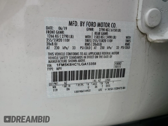 2020 Ford Explorer Platinum с VIN 1FM5K8HC1LGA13358, выставлен на аукционе Copart как лот 59809975 с пробегом 52 012 миль миль и Списание • Salvage title. История ставок и продаж доступна на DreamBid. Изображение 13.
