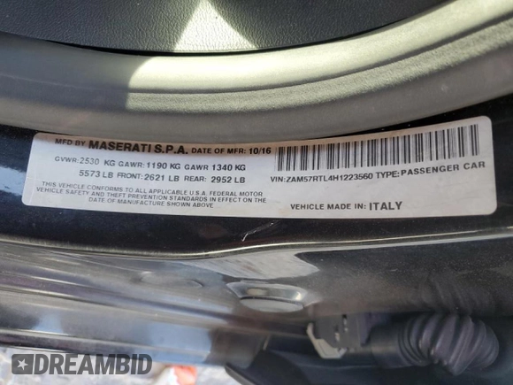 2017 Maserati Ghibli S Q4 z VIN ZAM57RTL4H1223560, wystawiony jako Copart lot #45456255 z przebiegiem 90 507 mil mil oraz Szkody całkowita. Historia ofert i sprzedaży dostępna na DreamBid. Obrazek 15.