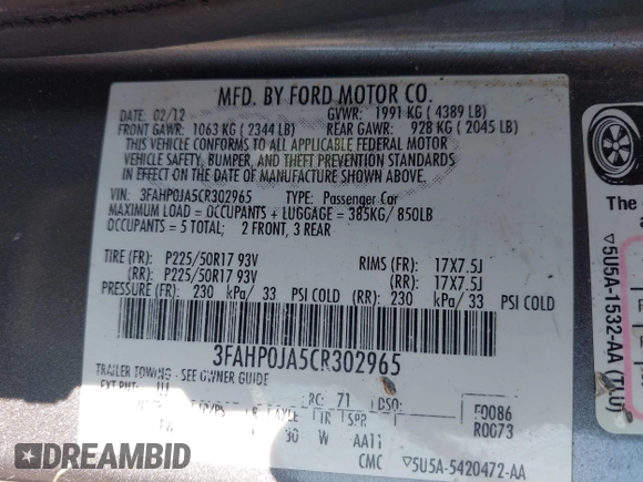 2012 Ford Fusion SEL with VIN 3FAHP0JA5CR302965, listed as a IAAI auction lot 42697954 with 169,156 mi miles and . Bid and sale history available at DreamBid. Image 9.