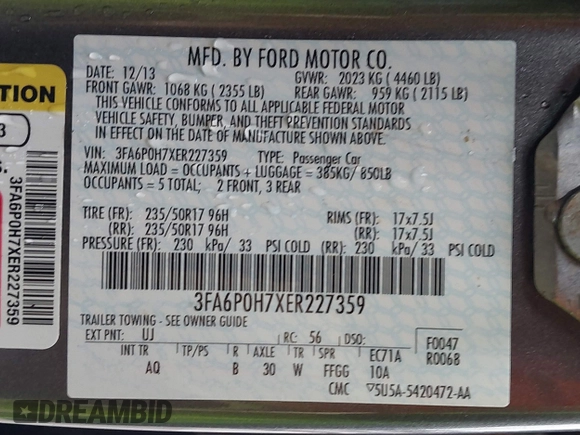 2014 Ford Fusion SE with VIN 3FA6P0H7XER227359, listed as a IAAI auction lot 41557323 with 64,333 mi miles. Bid and sale history available at carsss.com. Image 9.