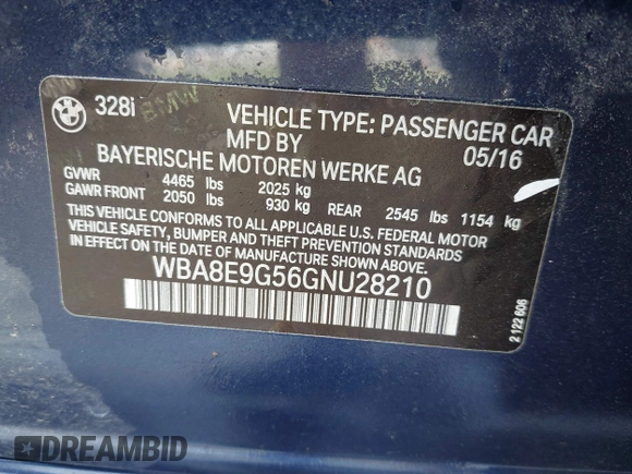 2016 BMW 3 Series 328i z VIN WBA8E9G56GNU28210, wystawiony jako IAAI lot #42183906 z przebiegiem 143 549 mil mil oraz . Historia ofert i sprzedaży dostępna na DreamBid. Obrazek 9.
