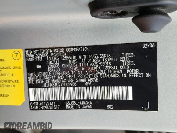 2007 Lexus RX 350 with VIN JTJHK31U272002988, listed as a Copart auction lot 55824845 with 164,742 mi miles and Clean Title. Bid and sale history available at DreamBid. Image 13.