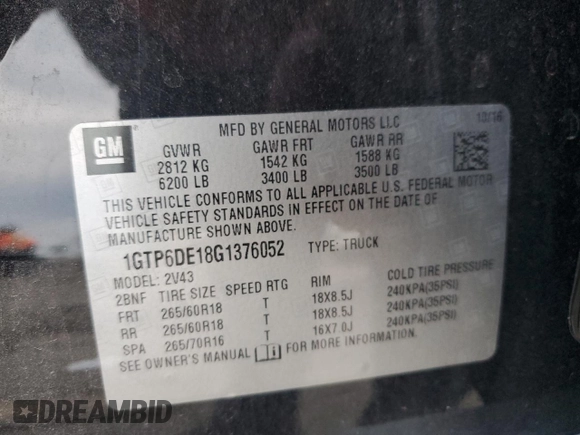 2016 GMC Canyon 4WD SLT with VIN 1GTP6DE18G1376052, listed as a Copart auction lot 82875124 with 172,542 mi miles and Clean Title. Bid and sale history available at carsss.com. Image 12.