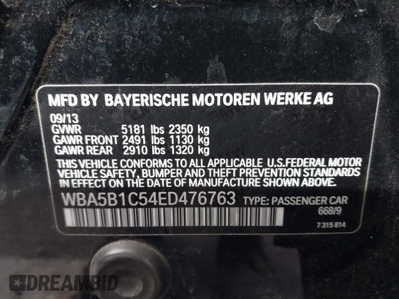 2014 BMW 5 Series 535i with VIN WBA5B1C54ED476763, listed as a IAAI auction lot 41590236 with 115,048 mi miles and . Bid and sale history available at DreamBid. Image 9.