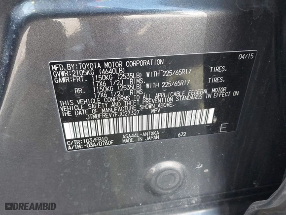 2015 Toyota RAV4 LE with VIN JTMBFREV7FJ027327, listed as a IAAI auction lot 41877564 with 121,831 mi miles. Bid and sale history available at carsss.com. Image 9.