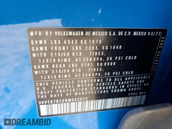 2022 Volkswagen Taos SE z VIN 3VVTX7B26NM062072, wystawiony jako Copart lot #84647194 z przebiegiem 38 250 mil mil oraz Szkoda całkowita • Salvage title. Historia ofert i sprzedaży dostępna na DreamBid. Obrazek 16.