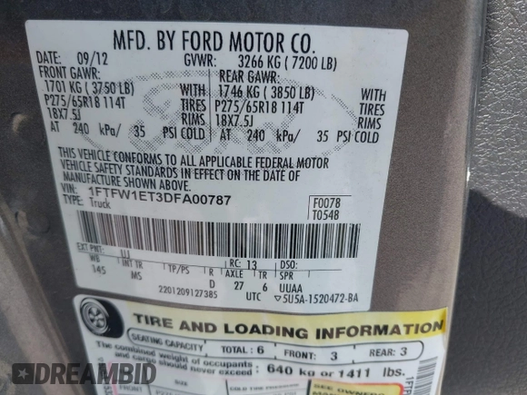 2013 Ford F-150 XL with VIN 1FTFW1ET3DFA00787, listed as a IAAI auction lot 42079893 with 143,874 mi miles. Bid and sale history available at carsss.com. Image 9.