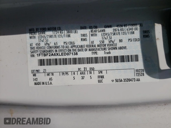 2020 Ford F-250 XL with VIN 1FTBF2A6XLED07138, listed as a Copart auction lot 65737244 with 43,718 mi miles and Salvage title. Bid and sale history available at DreamBid. Image 12.