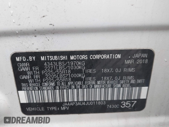 2018 Mitsubishi Outlander Sport ES 2.0 with VIN JA4AP3AU4JU011803, listed as a IAAI auction lot 42016794 with 120,544 mi miles. Bid and sale history available at carsss.com. Image 9.