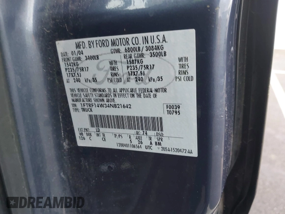 2004 Ford F-150 XL with VIN 1FTRF14W34NB21642, listed as a IAAI auction lot 41692097 with 246,648 mi miles and . Bid and sale history available at DreamBid. Image 9.