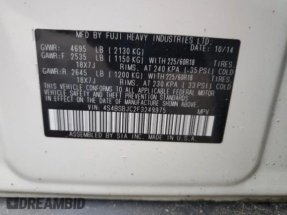 2015 Subaru Outback Limited z VIN 4S4BSBJC2F3249975, wystawiony jako Copart lot #58391155 z przebiegiem 81 541 mil mil oraz Szkoda całkowita • Salvage title. Historia ofert i sprzedaży dostępna na DreamBid. Obrazek 13.