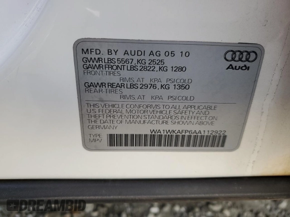 2010 Audi Q5 Prestige with VIN WA1WKAFP6AA112922, listed as a Copart auction lot 50549145 with 243,193 mi miles and Salvage title. Bid and sale history available at DreamBid. Image 16.