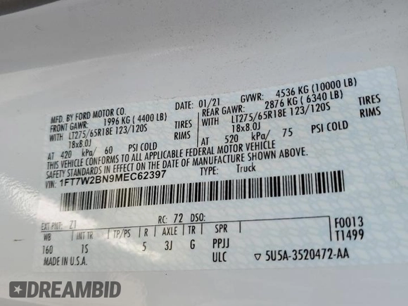 2021 Ford Super Duty F-250 SRW XL with VIN 1FT7W2BN9MEC62397, listed as a Copart auction lot 44490805 with 69,043 mi miles and Salvage Title. Bid and sale history available at carsss.com. Image 12.