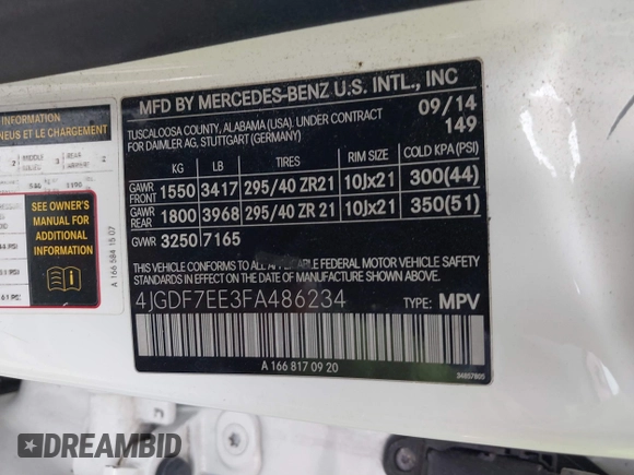 2015 Mercedes-Benz GL-Class GL 63 AMG with VIN 4JGDF7EE3FA486234, listed as a IAAI auction lot 41771766 with 146,400 mi miles. Bid and sale history available at carsss.com. Image 9.