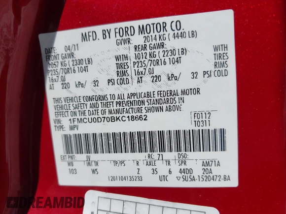 2011 Ford Escape XLT with VIN 1FMCU0D70BKC18662, listed as a IAAI auction lot 41769355 with 173,040 mi miles. Bid and sale history available at carsss.com. Image 9.
