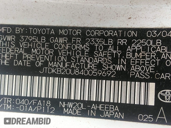 2004 Toyota Prius with VIN JTDKB20U840059692, listed as a IAAI auction lot 42131209 with 258,246 mi miles. Bid and sale history available at carsss.com. Image 9.