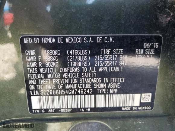 2016 Honda HR-V EX with VIN 3CZRU6H54GM746242, listed as a Copart auction lot 48137265 with 86,389 mi miles and Salvage Title. Bid and sale history available at carsss.com. Image 12.