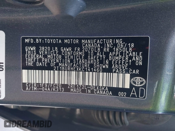 2019 Toyota Corolla L z VIN 2T1BURHEXKC141460, wystawiony jako IAAI lot #41751909 z przebiegiem 169 745 mil mil oraz . Historia ofert i sprzedaży dostępna na DreamBid. Obrazek 9.