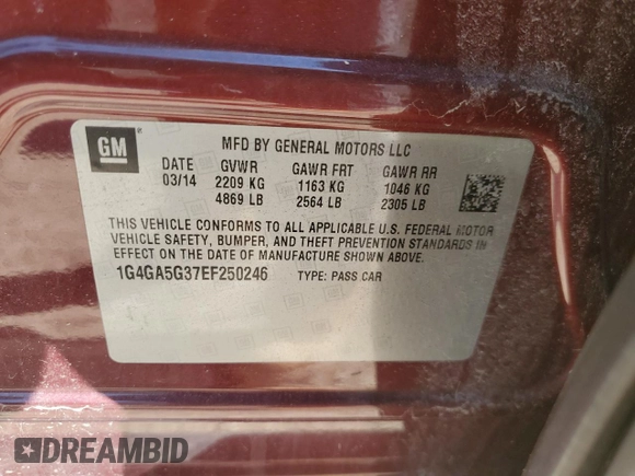 2014 Buick LaCrosse with VIN 1G4GA5G37EF250246, listed as a Copart auction lot 48955915 with 124,107 mi miles and Salvage Title. Bid and sale history available at carsss.com. Image 12.