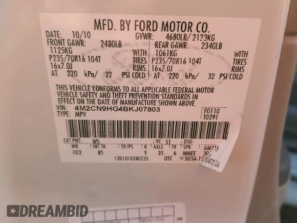 2011 Mercury Mariner Premier with VIN 4M2CN9HG4BKJ07803, listed as a Copart auction lot 46491925 with 135,951 mi miles and Salvage title. Bid and sale history available at DreamBid. Image 15.