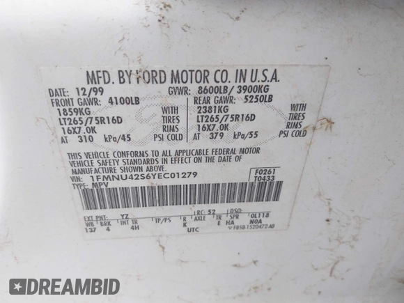 2000 Ford Excursion Limited с VIN 1FMNU42S6YEC01279, выставлен на аукционе IAAI как лот 42320864 с пробегом 118 764 миль миль и . История ставок и продаж доступна на DreamBid. Изображение 9.