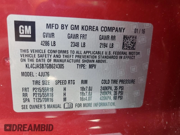 2016 Buick Encore with VIN KL4CJASB7GB624305, listed as a Copart auction lot 47380465 with 132,062 mi miles and Salvage Title. Bid and sale history available at DreamBid. Image 13.
